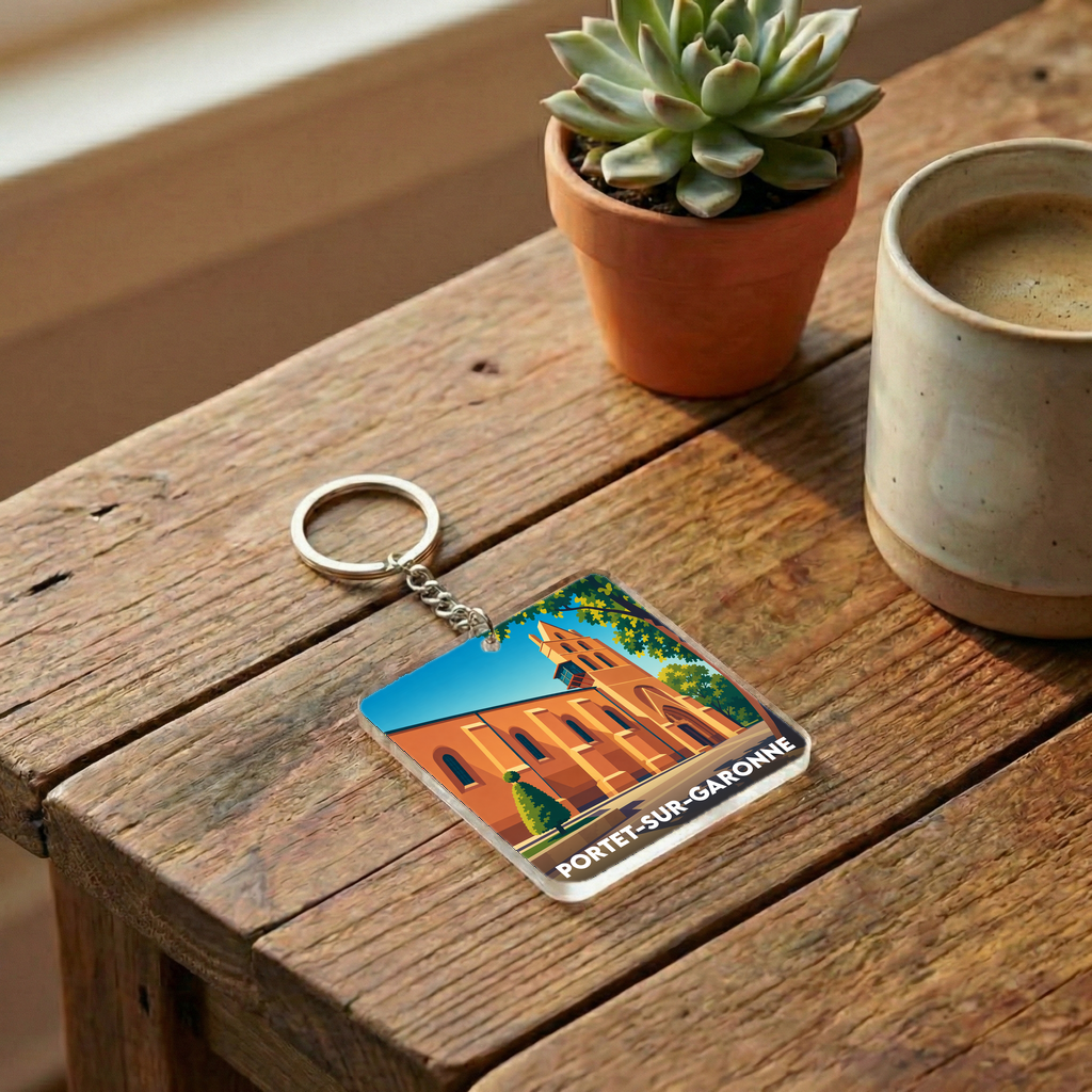 Porte-clés souvenir de la ville de Portet-sur-Garonne avec une illustration stylisée de son église.