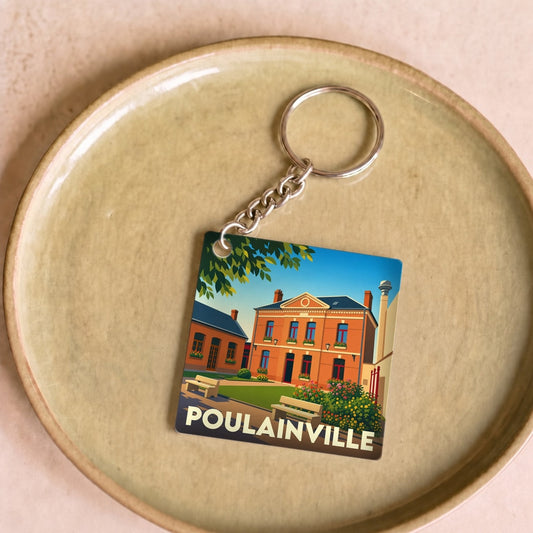 Porte-clés souvenir de la ville de Poulainville avec une illustration stylisée.