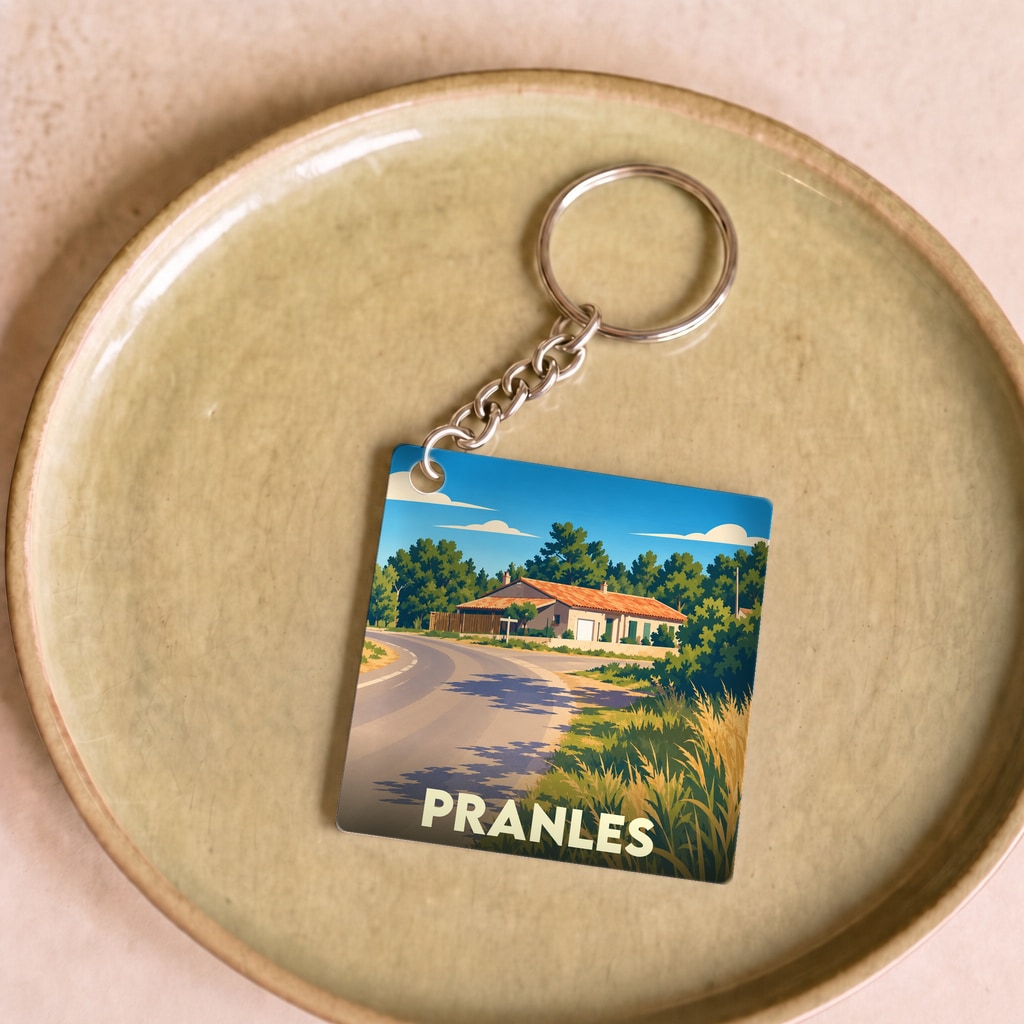 Porte-clés souvenir de la ville de Pranles avec une illustration stylisée d'un paysage de campagne.