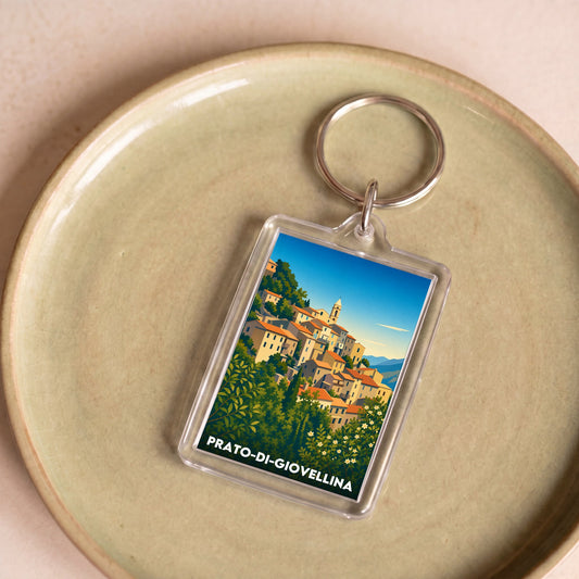 Porte-clés souvenir de la ville de Prato-di-Giovellina avec une illustration stylisée du village.