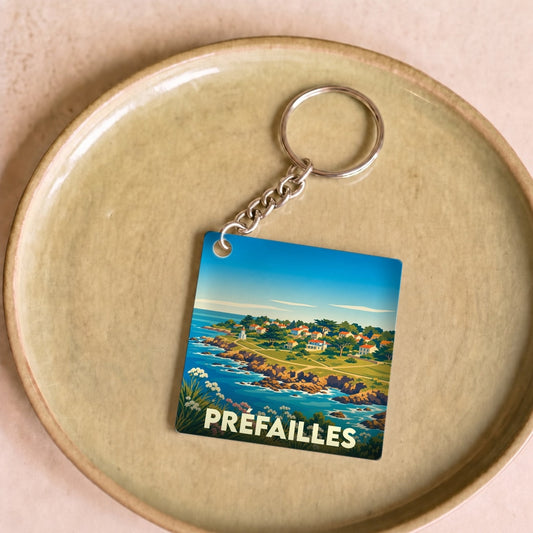Porte-clés souvenir de la ville de Préfailles avec une illustration stylisée de son littoral.