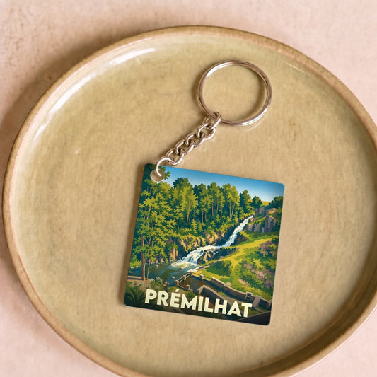 Porte-clés souvenir de la ville de Prémilhat avec une illustration stylisée d'un paysage naturel.