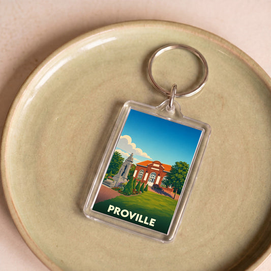 Porte-clés souvenir de la ville de Proville avec une illustration stylisée.