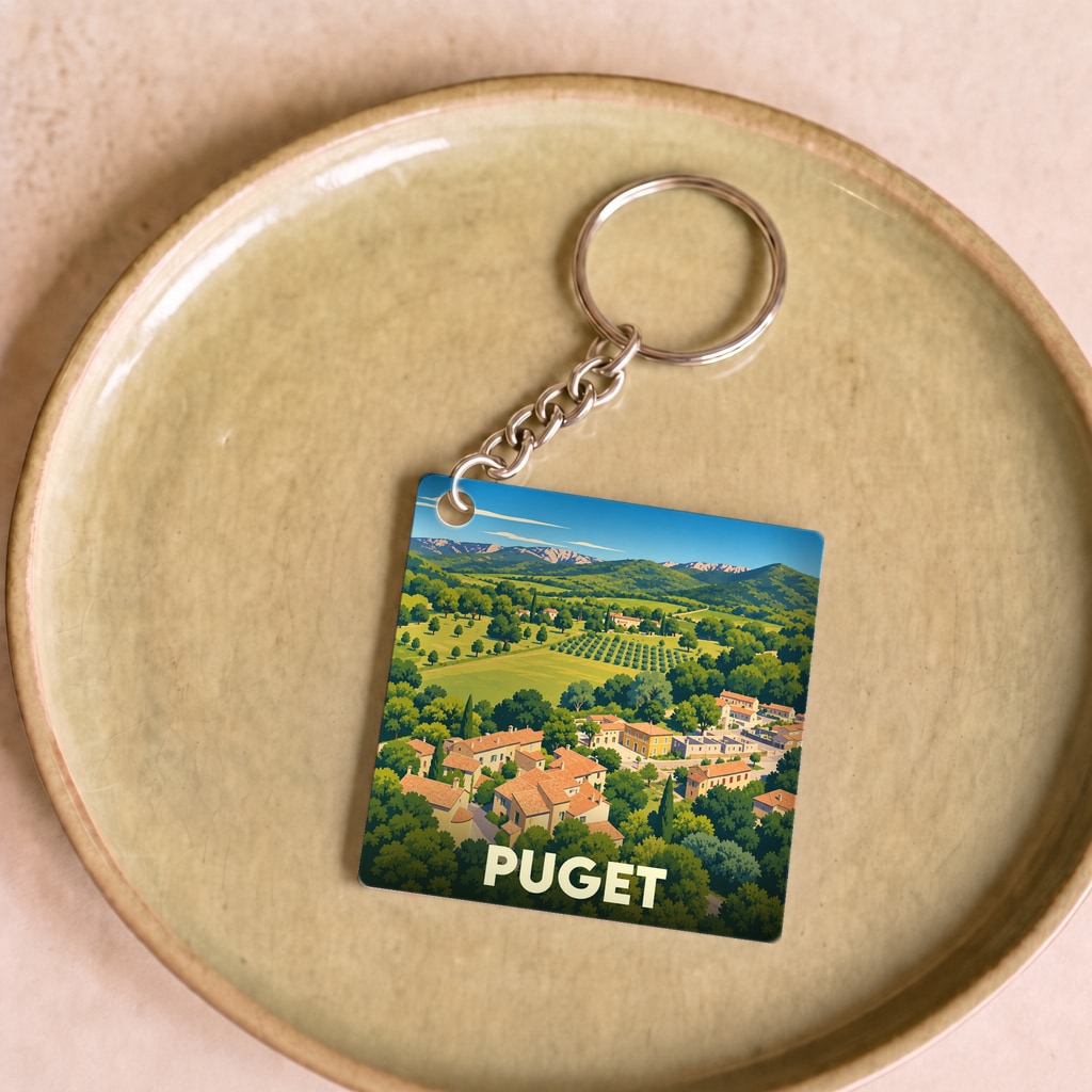 Porte-clés souvenir de la ville de Puget avec une illustration stylisée de son paysage provençal.