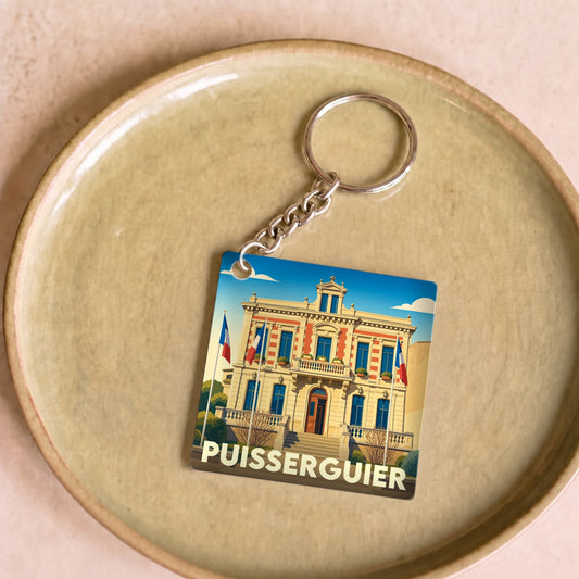Porte-clés souvenir de la ville de Puisserguier avec une illustration stylisée de sa mairie.