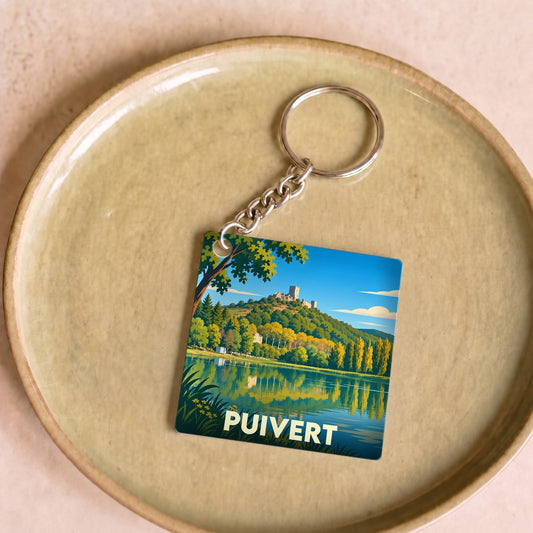 Porte-clés souvenir de la ville de Puivert avec une illustration stylisée de son château et de son lac.