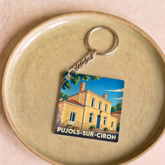 Porte-clés souvenir de la ville de Pujols-sur-Ciron avec une illustration stylisée d'une bâtisse traditionnelle.