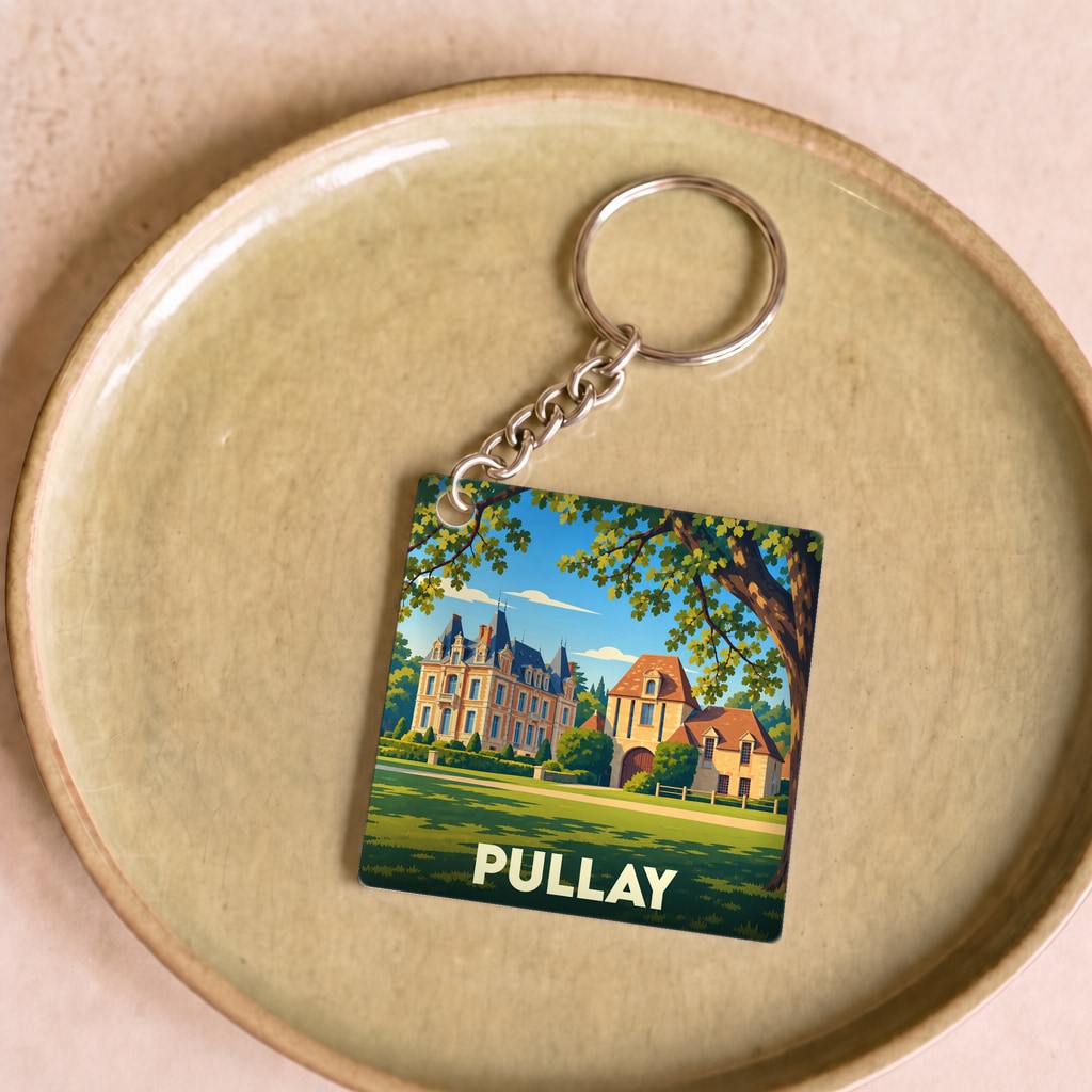 Porte-clés souvenir de la ville de Pullay illustré par un dessin stylisé de son château.