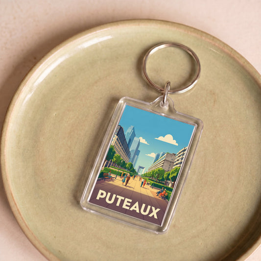 Porte-clés souvenir de la ville de Puteaux avec une illustration stylisée de son architecture moderne.
