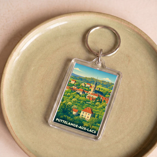 Porte-clés souvenir de la ville de Puttelange-aux-Lacs avec une illustration stylisée.