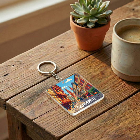 Porte-clés souvenir de la ville de Quimper avec une illustration stylisée.