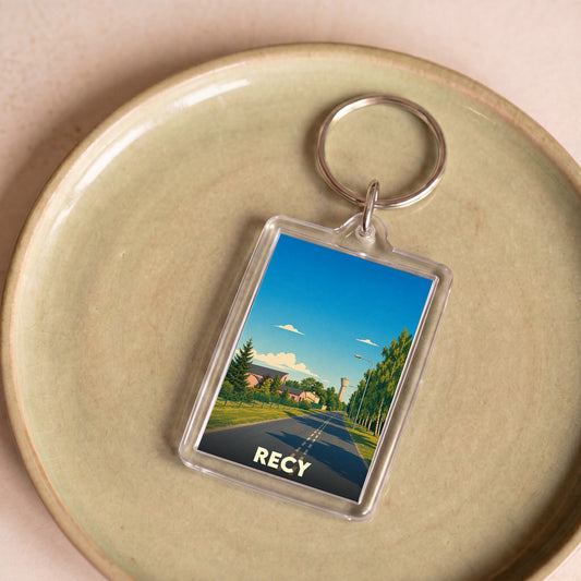 Porte-clés souvenir de la ville de Recy avec une illustration stylisée.