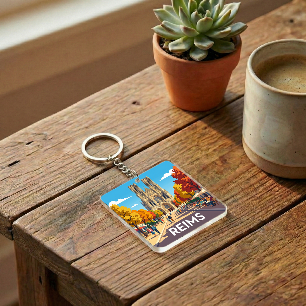 Porte-clés souvenir de la ville de Reims avec une illustration stylisée de sa cathédrale.
