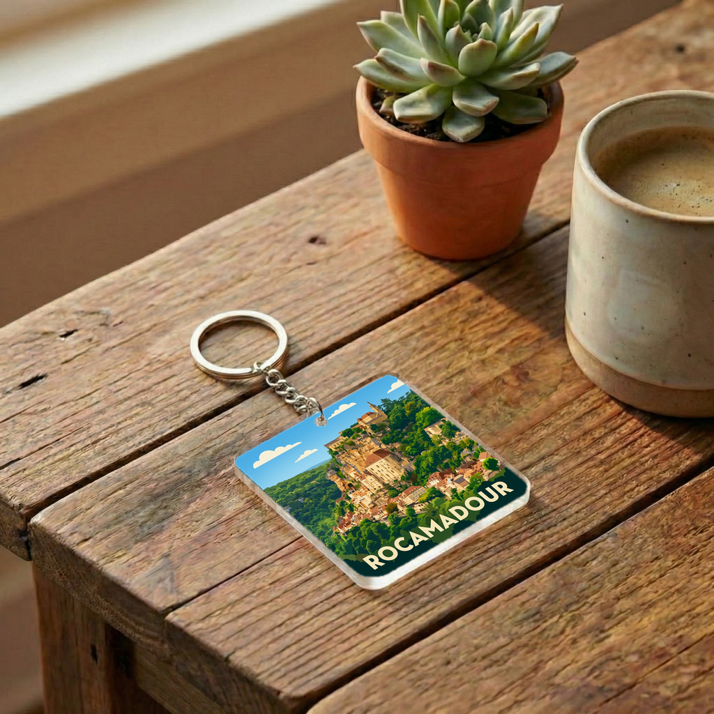 Porte-clés souvenir de la ville de Rocamadour avec une illustration stylisée.
