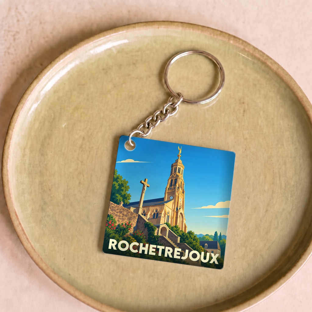 Porte-clés souvenir de la ville de Rochetrejoux avec une illustration stylisée de son église.
