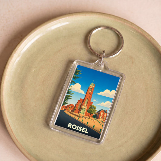 Porte-clés souvenir de la ville de Roisel avec une illustration stylisée de son église.
