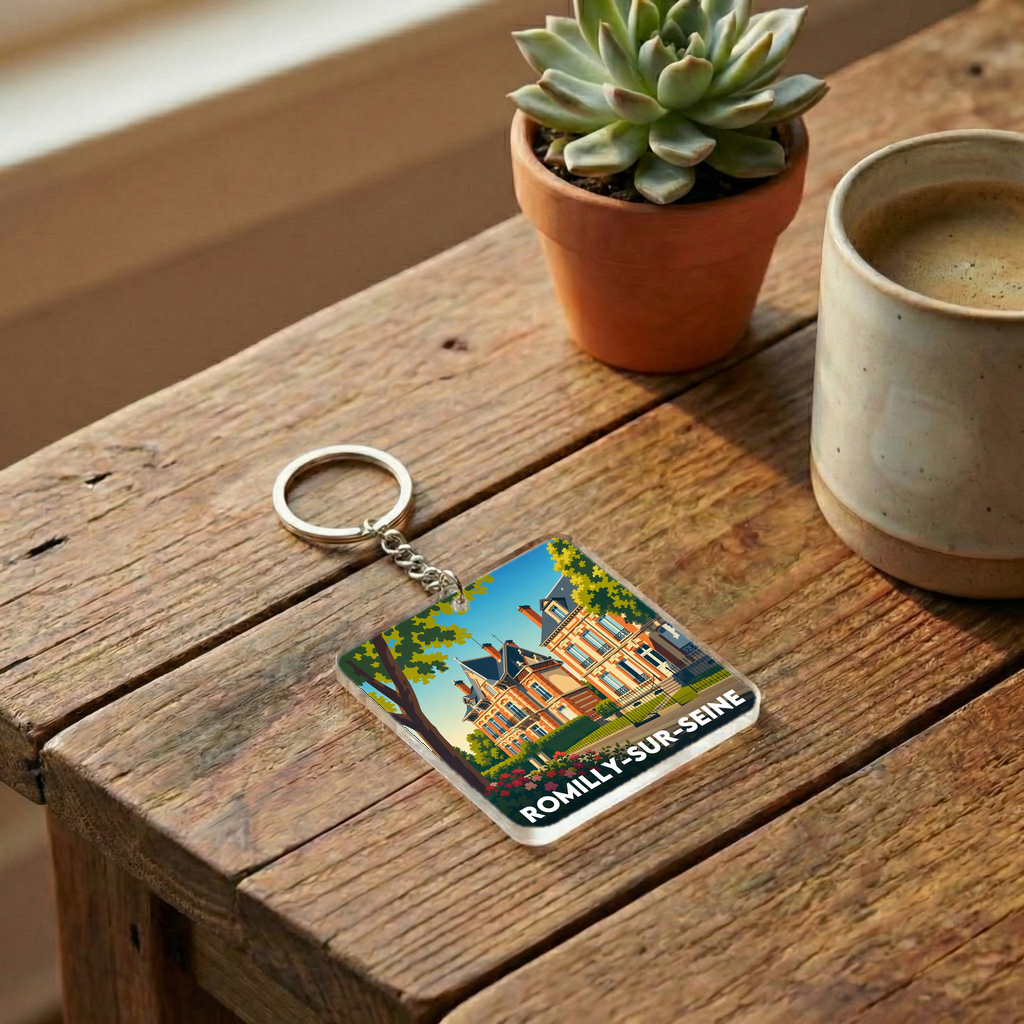 Porte-clés souvenir de la ville de Romilly-sur-Seine avec une illustration stylisée.