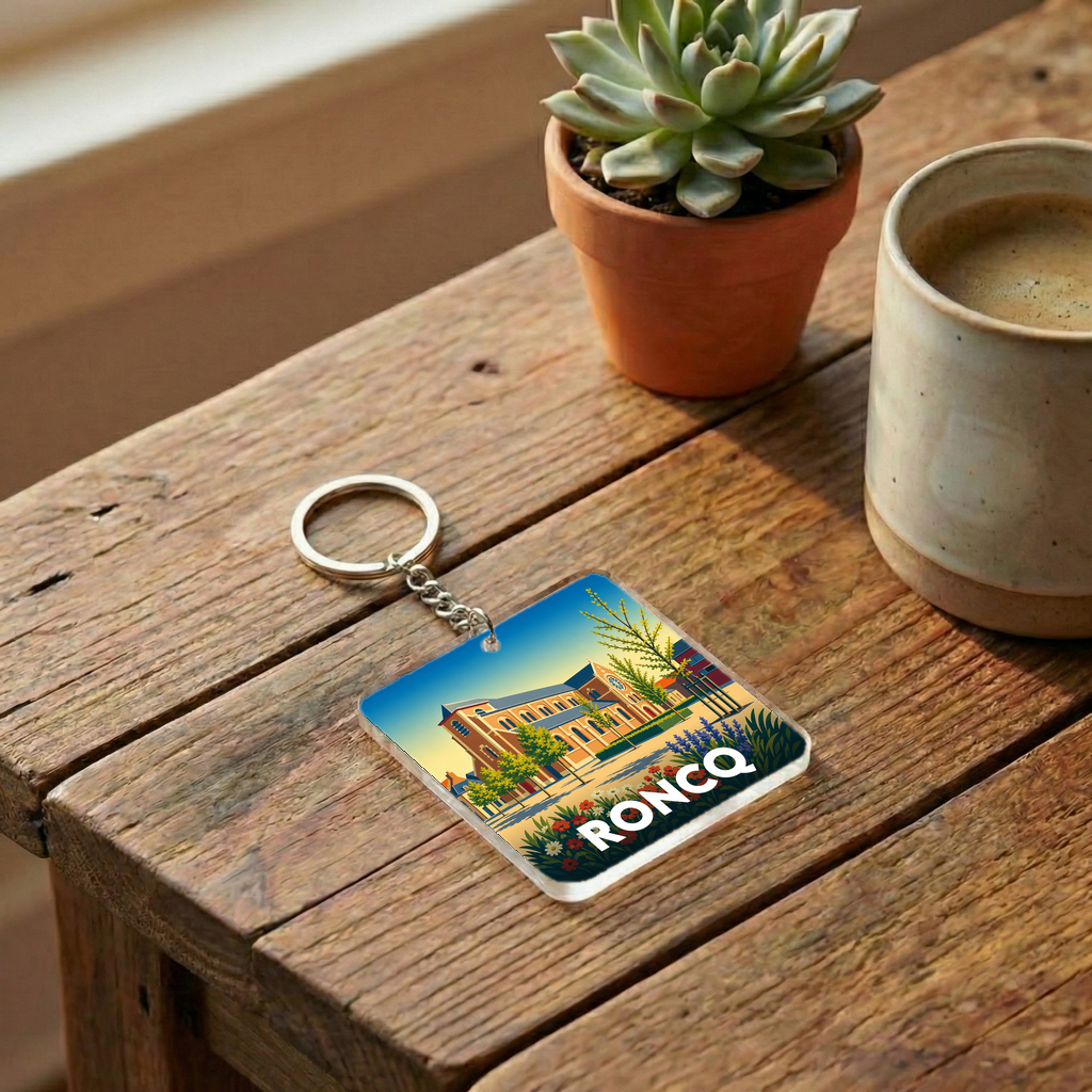 Porte-clés souvenir de la ville de Roncq avec une illustration stylisée.