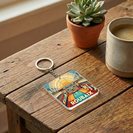 Porte-clés souvenir de la ville de Roubaix avec une illustration stylisée.