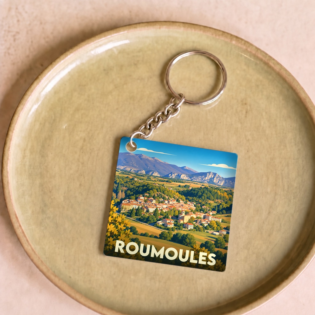 Porte-clés souvenir de la ville de Roumoules avec une illustration stylisée de son paysage provençal.