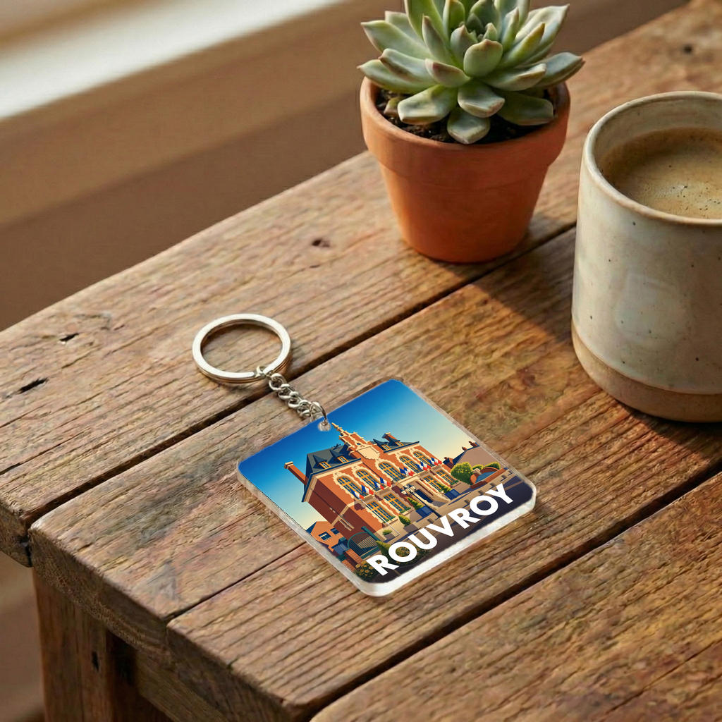 Porte-clés souvenir de la ville de Rouvroy orné d'une illustration stylisée de son hôtel de ville.
