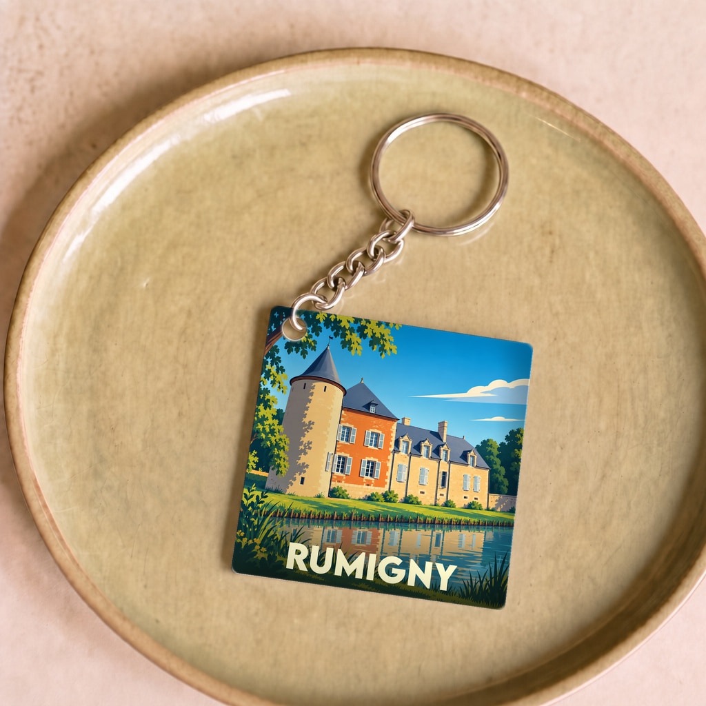 Porte-clés souvenir de la ville de Rumigny avec une illustration stylisée de son château.