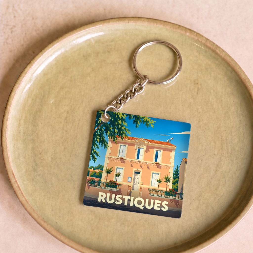 Porte-clés souvenir de la ville de Rustiques avec une illustration stylisée d'une maison de village.