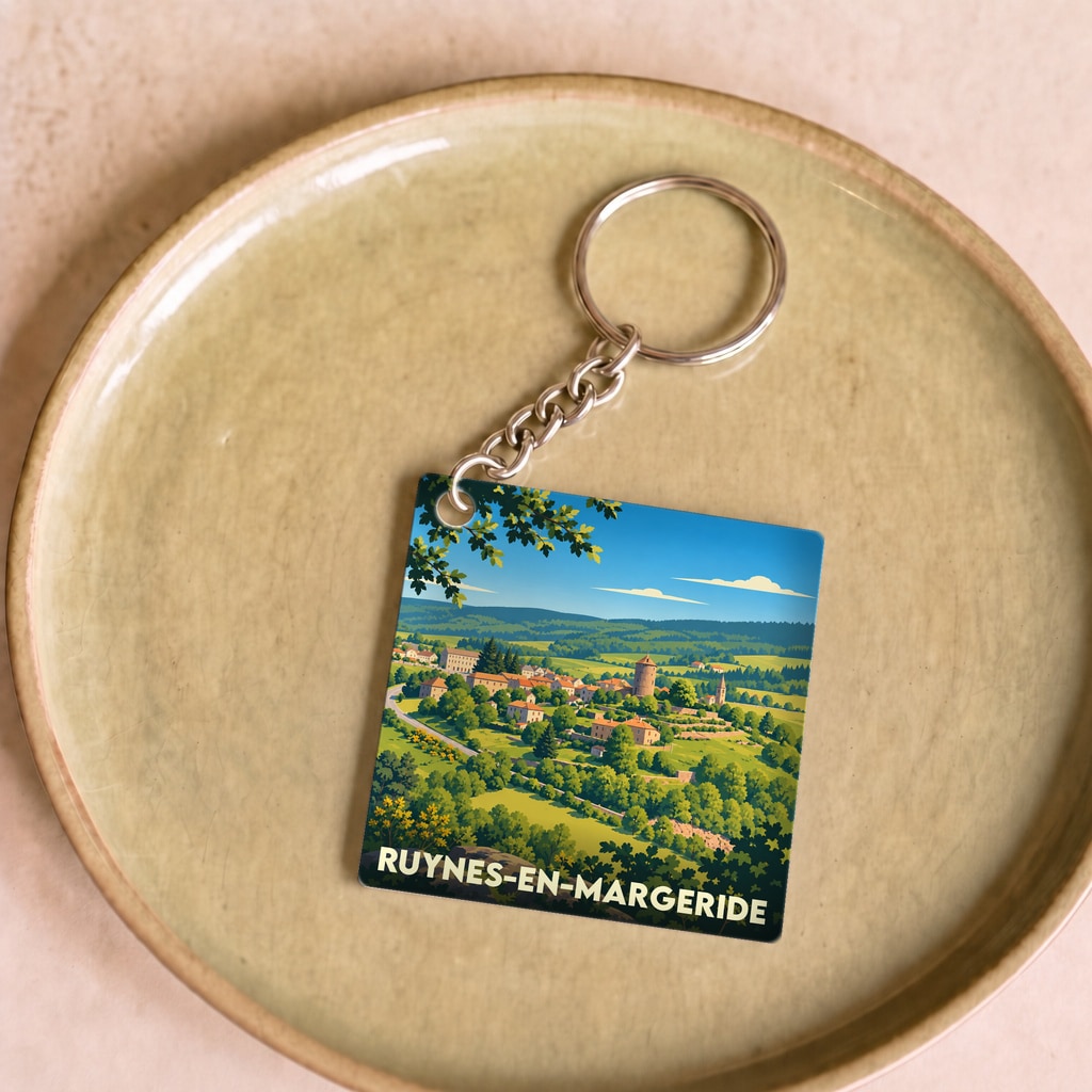Porte-clés souvenir de la ville de Ruynes-en-Margeride avec une illustration paysagère stylisée.
