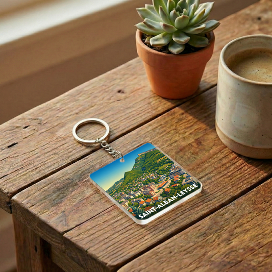 Porte-clés souvenir de la ville de Saint-Alban-Leysse avec une illustration stylisée d'un paysage montagneux.