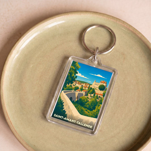 Porte-clés souvenir de la ville de Saint-Amant-Tallende avec une illustration stylisée.