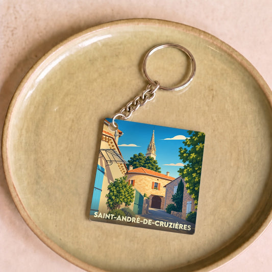 Porte-clés souvenir de la ville de Saint-André-de-Cruzières avec une illustration stylisée d'une rue ensoleillée.