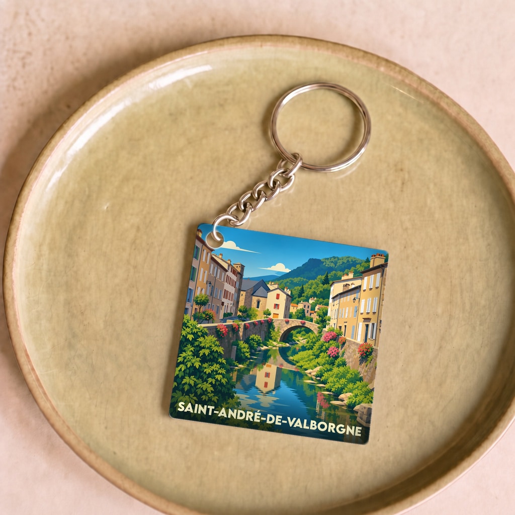 Porte-clés souvenir de la ville de Saint-André-de-Valborgne avec une illustration stylisée d'un pont enjambant une rivière.