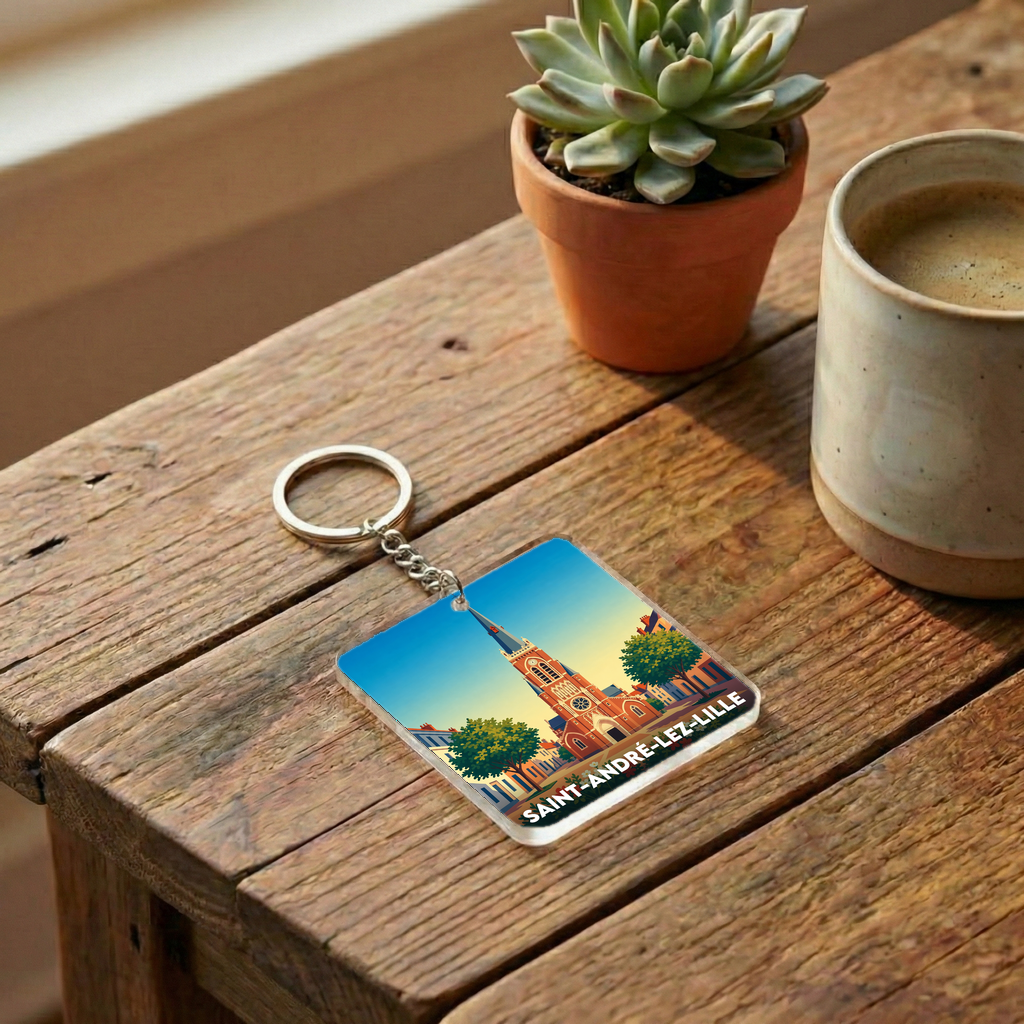 Porte-clés souvenir de la ville de Saint-André-lez-Lille avec une illustration stylisée.