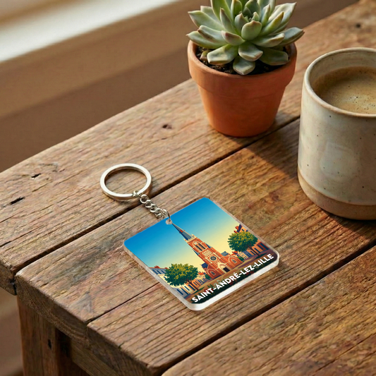 Porte-clés souvenir de la ville de Saint-André-lez-Lille avec une illustration stylisée.