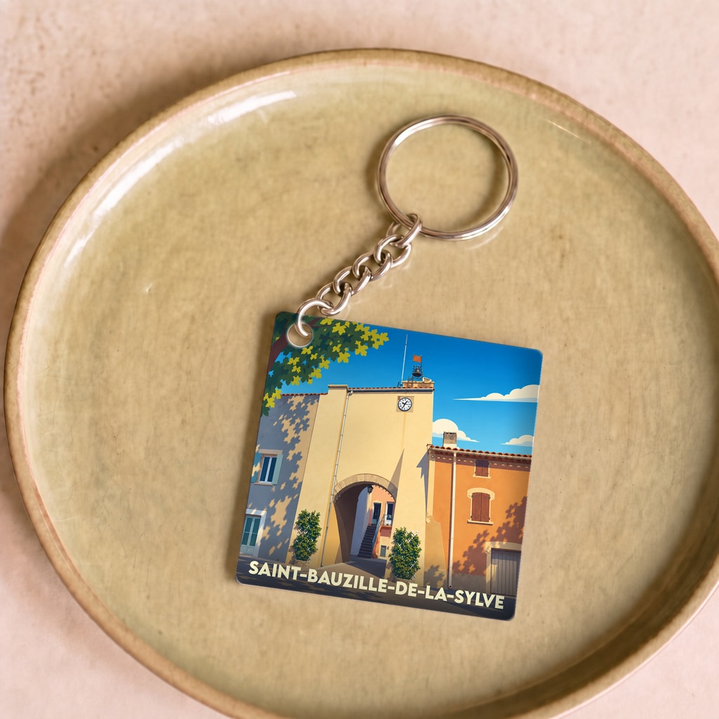 Porte-clés souvenir de la ville de Saint-Bauzille-de-la-Sylve avec une illustration stylisée d'une porte de village ancienne.