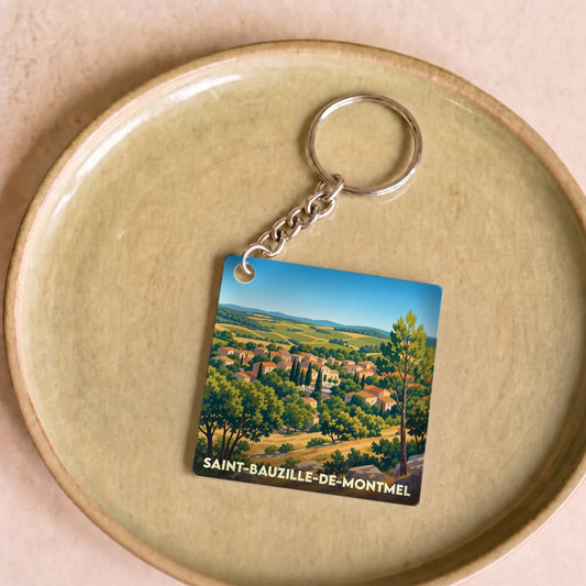 Porte-clés souvenir de la ville de Saint-Bauzille-de-Montmel avec une illustration stylisée.