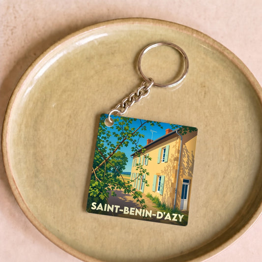 Porte-clés souvenir de la ville de Saint-Benin-d'Azy avec une illustration stylisée.