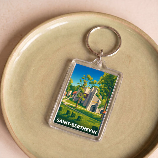 Porte-clés souvenir de la ville de Saint-Berthevin avec une illustration stylisée.