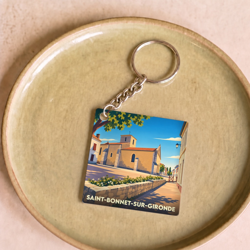 Porte-clés souvenir de la ville de Saint-Bonnet-sur-Gironde avec une illustration stylisée.