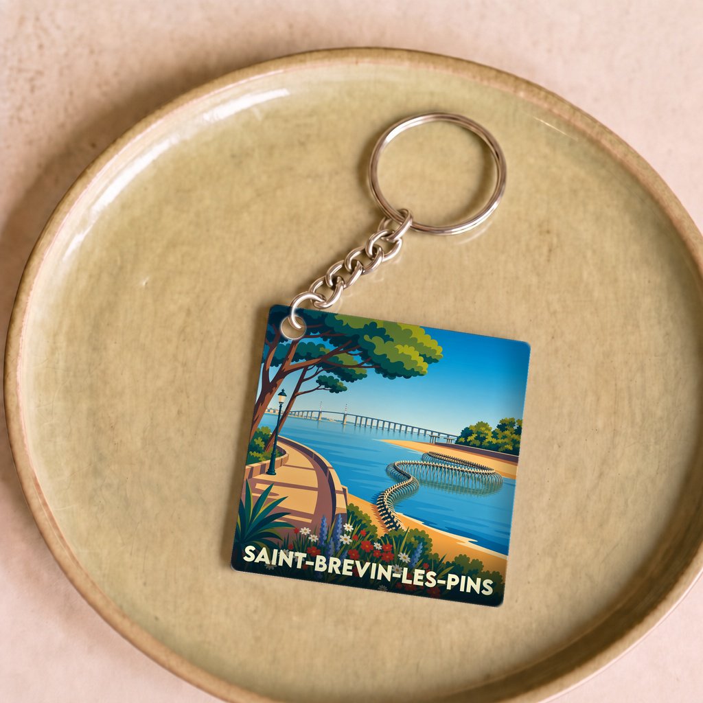 Porte-clés souvenir de la ville de Saint-Brevin-les-Pins avec une illustration stylisée du serpent d'océan.