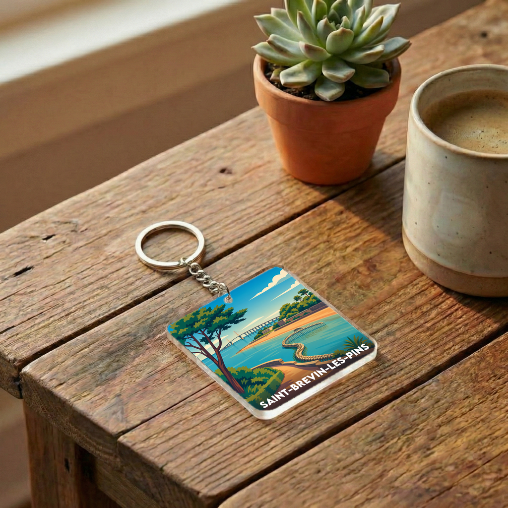 Porte-clés souvenir de la ville de Saint-Brevin-les-Pins avec une illustration stylisée.