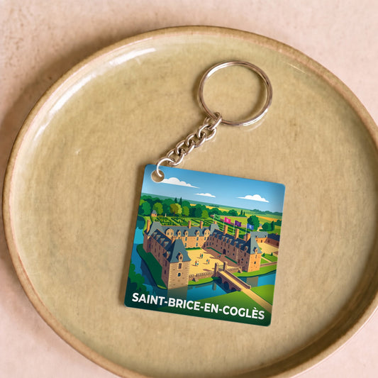 Porte-clés souvenir de la ville de Saint-Brice-en-Coglès avec une illustration stylisée.