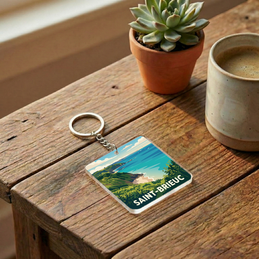 Porte-clés souvenir de la ville de Saint-Brieuc avec une illustration de paysage côtier.