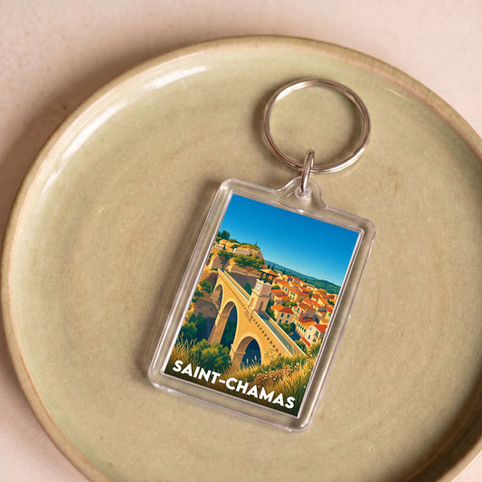 Porte-clés souvenir de la ville de Saint-Chamas avec une illustration stylisée.