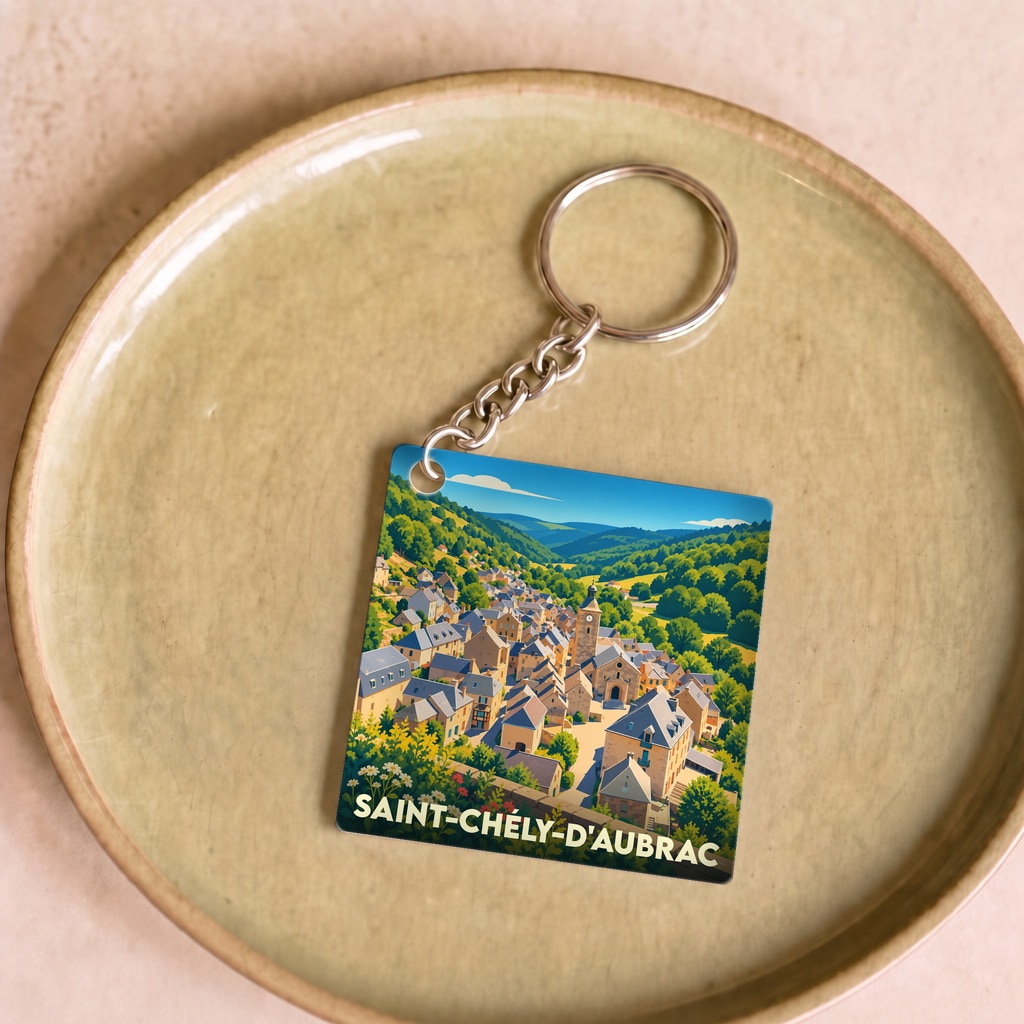 Porte-clés souvenir de la ville de Saint-Chély-d'Aubrac avec une illustration stylisée du village.