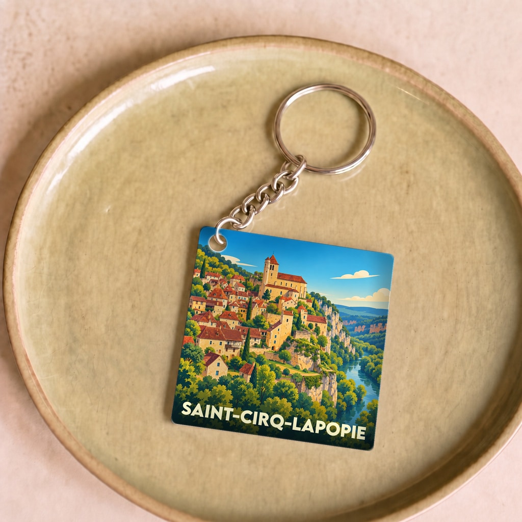 Porte-clés souvenir de la ville de Saint-Cirq-Lapopie avec une illustration colorée du village escarpé.