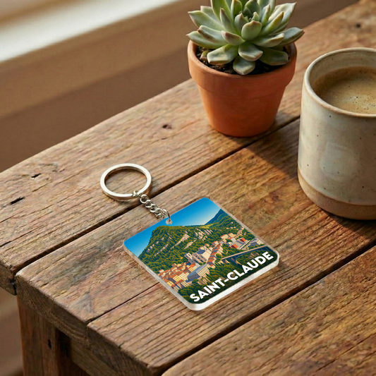 Porte-clés souvenir de la ville de Saint-Claude avec une illustration stylisée de ses paysages montagneux.