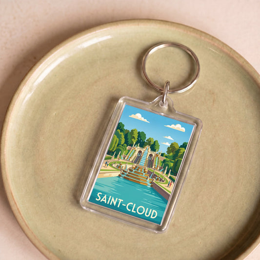 Porte-clés souvenir de la ville de Saint-Cloud avec une illustration stylisée.