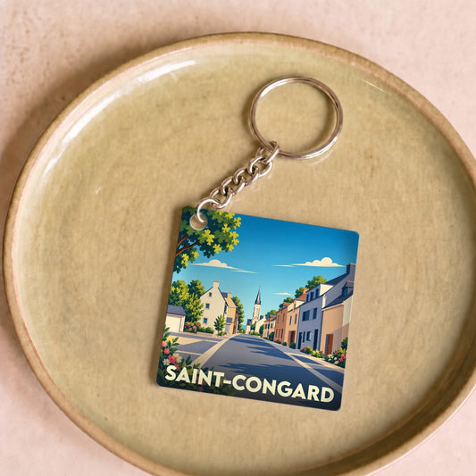 Porte-clés souvenir de la ville de Saint-Congard avec une illustration stylisée.