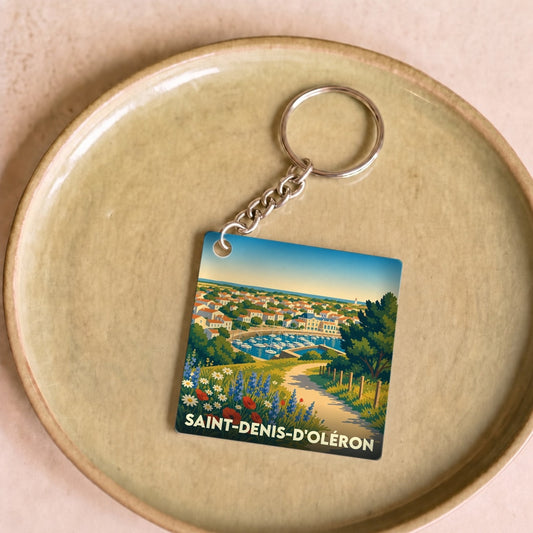 Porte-clés souvenir de la ville de Saint-Denis-d'Oléron avec une illustration stylisée.